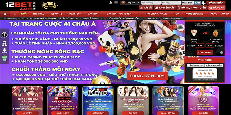 Giao diện nhà cái 12Bet trên PC
